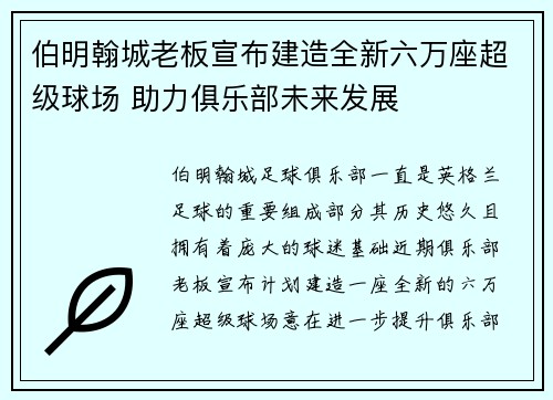 伯明翰城老板宣布建造全新六万座超级球场 助力俱乐部未来发展 伯明翰城老板宣布建造全新六万座超级球场 助力俱乐部未来发展