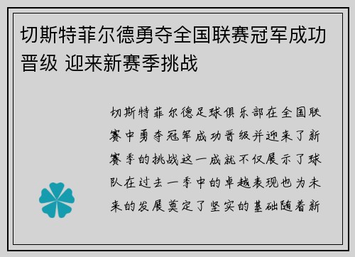 切斯特菲尔德勇夺全国联赛冠军成功晋级 迎来新赛季挑战 切斯特菲尔德勇夺全国联赛冠军成功晋级 迎来新赛季挑战