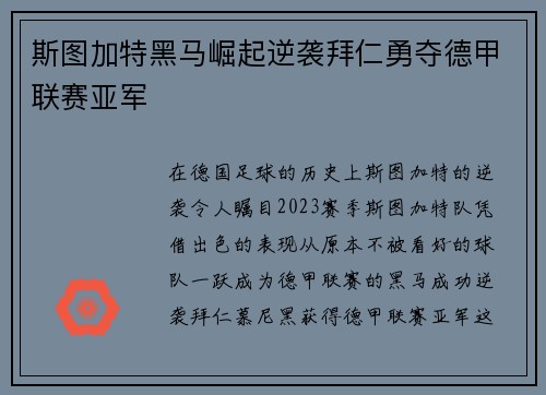 斯图加特黑马崛起逆袭拜仁勇夺德甲联赛亚军 斯图加特黑马崛起逆袭拜仁勇夺德甲联赛亚军
