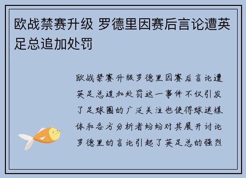 欧战禁赛升级 罗德里因赛后言论遭英足总追加处罚 欧战禁赛升级 罗德里因赛后言论遭英足总追加处罚